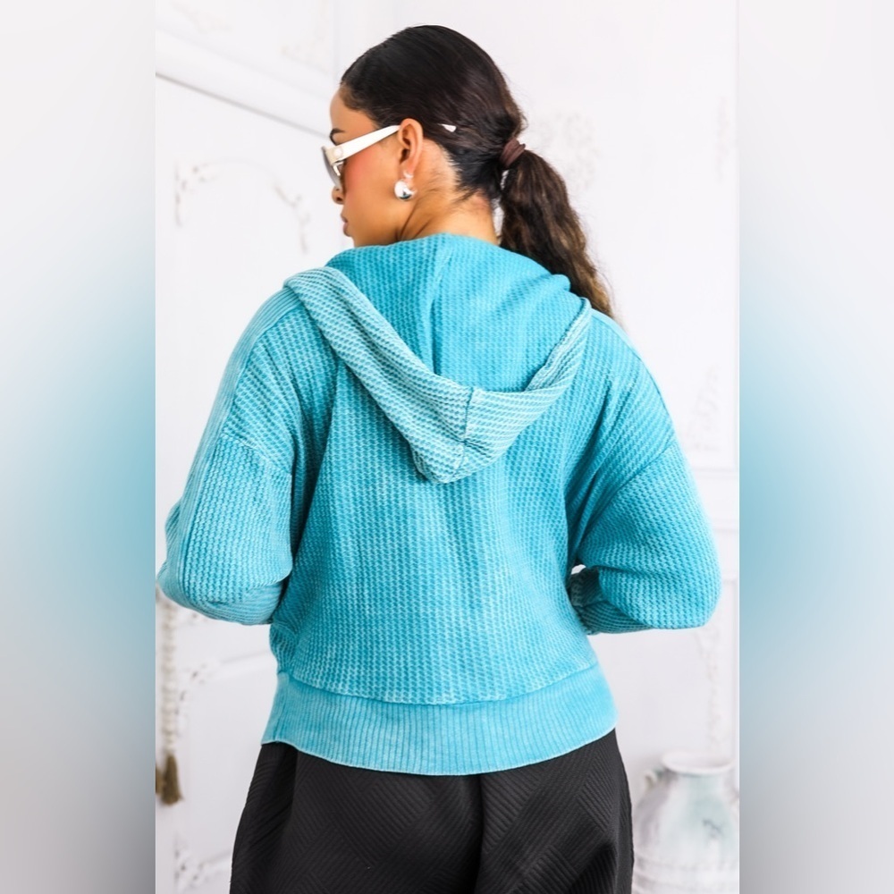 Teal Waffle Knit Zip-Up Hoodie - Picture 5 of 5